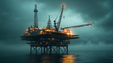 Offshore construction platform for production oil and gas. Oil and gas industry and hard work. Production platform and operation process by manual and auto function from control room