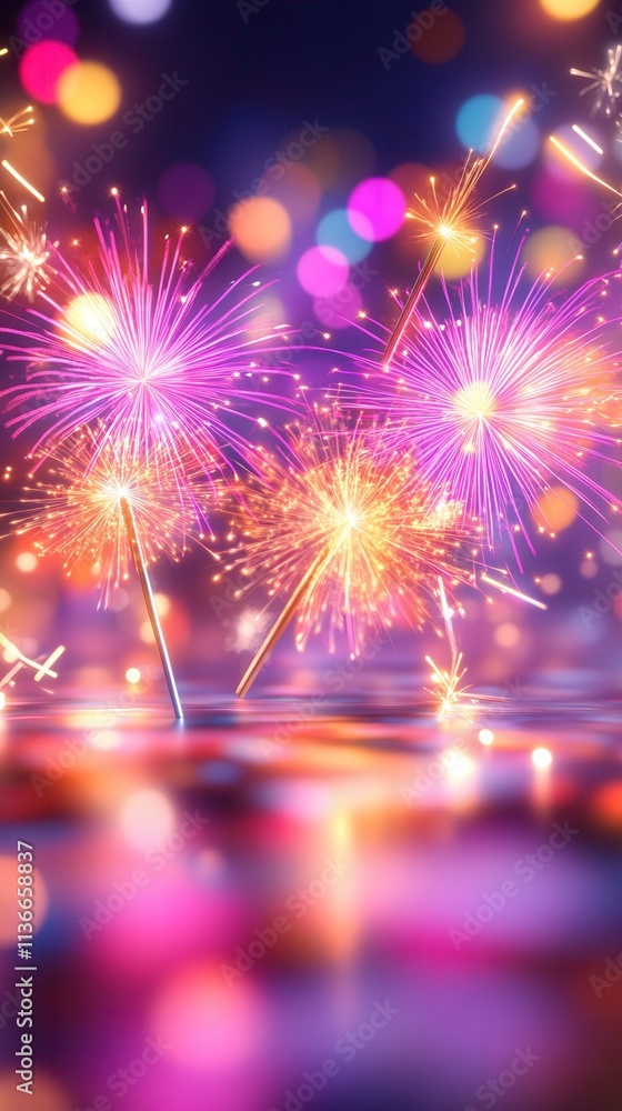 Poster a vibrant display of colorful fireworks, creating a dazzling spectacle with sparkling lights and a f