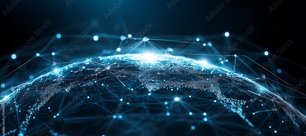 Poster a futuristic image of a digital globe with interconnected business hubs and data points, glowing bri