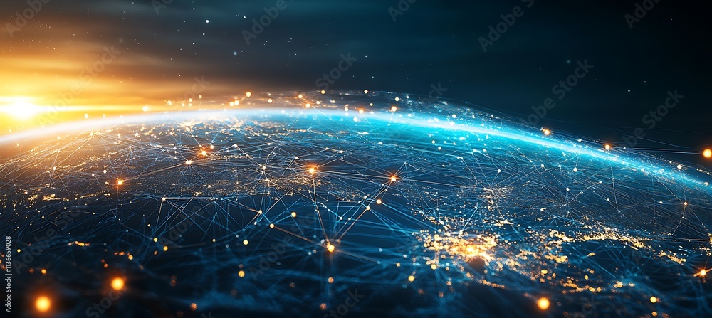 Aufkleber a futuristic image of a digital globe with interconnected business hubs and data points, glowing bri