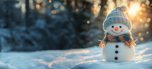 Winterurlaub Weihnachten Hintergrund Banner - Nahaufnahme von niedlichen lustig lachenden Schneemann mit Wollm&uuml;tze und Schal, auf verschneiten Schnee Schneelandschaft mit Bokeh Lichter, von der Sonne 