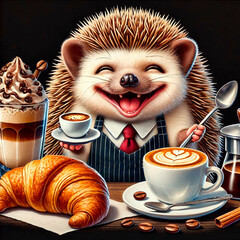 Hedgehog barista and a cup of coffee with a croissant.