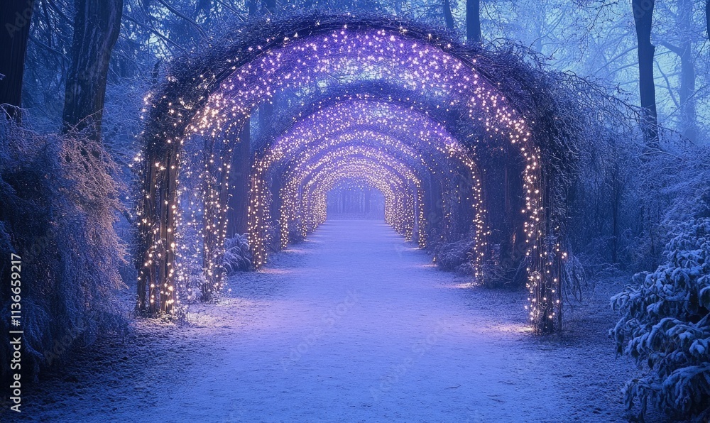 Poster a walkway with lights and trees in the background