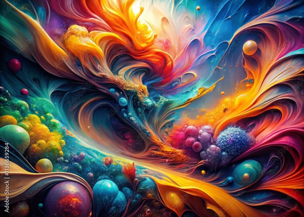 Poster vibrant abstract art with high depth of field capturing fluid shapes and colors for modern decor and