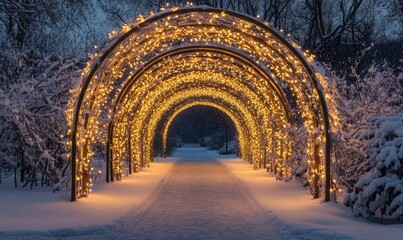 A walkway with lights is lit up in the snow
