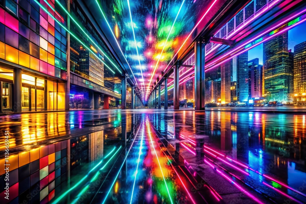 Poster Vibrant Abstract Background Showcasing Colorful Reflections and Dynamic Light Patterns in Urban Exploration Photography for a Stunning Visual Experience