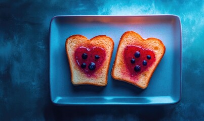 Two slices of bread with blueberries and jam on a blue plate