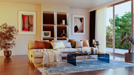 Large luxury modern bright interiors Living room mockup illustration 3D rendering image