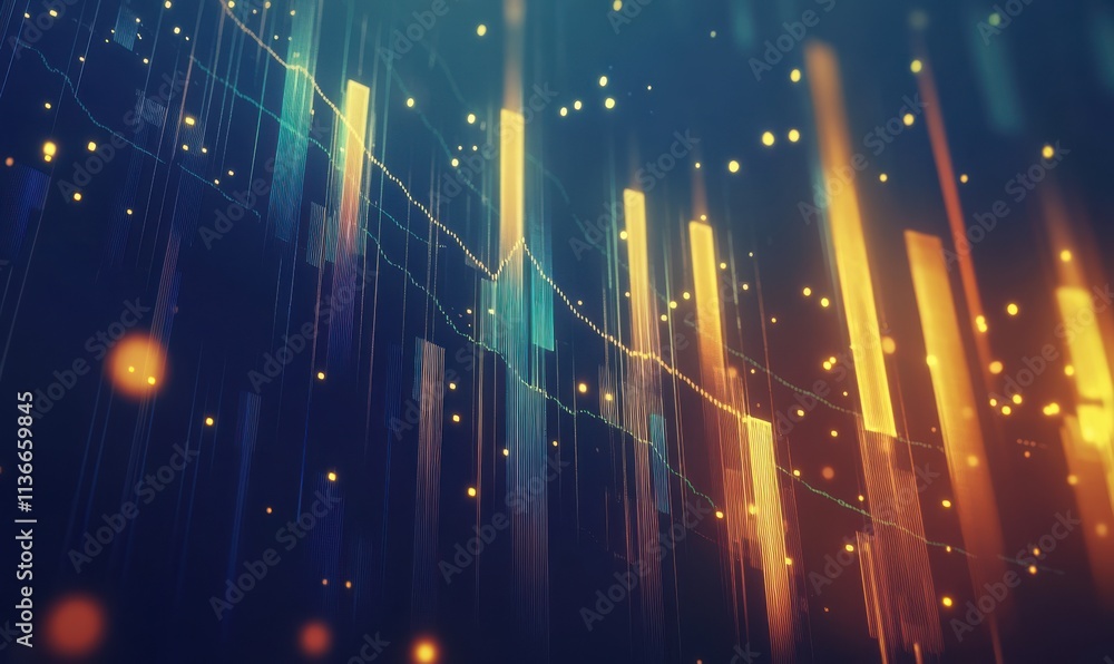 Poster an abstract digital design featuring vibrant, vertical light streaks and glowing particles against a
