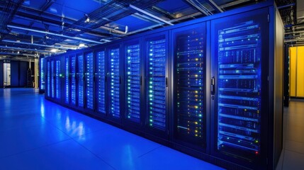 Fototapeta premium Futuristic data center with advanced rack server, glowing neon lights, high-tech atmosphere, modern cable management, cyberpunk style, deep blue tones, ultra-clean design, digital network hub