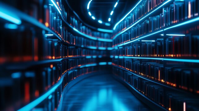Futuristic library with glowing shelves.