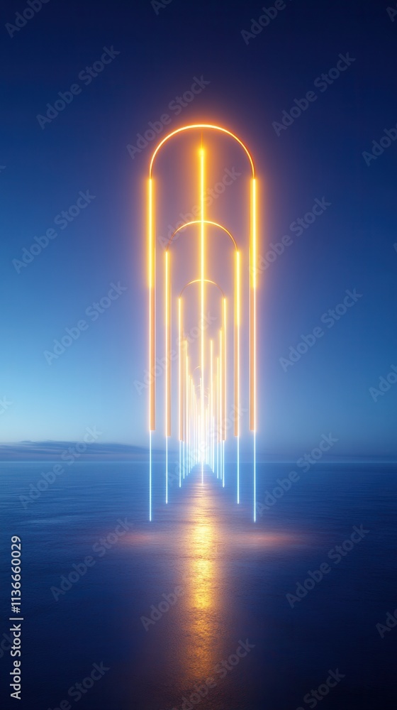 Poster a mesmerizing display of glowing arches reflects on the water, creating an ethereal pathway of light