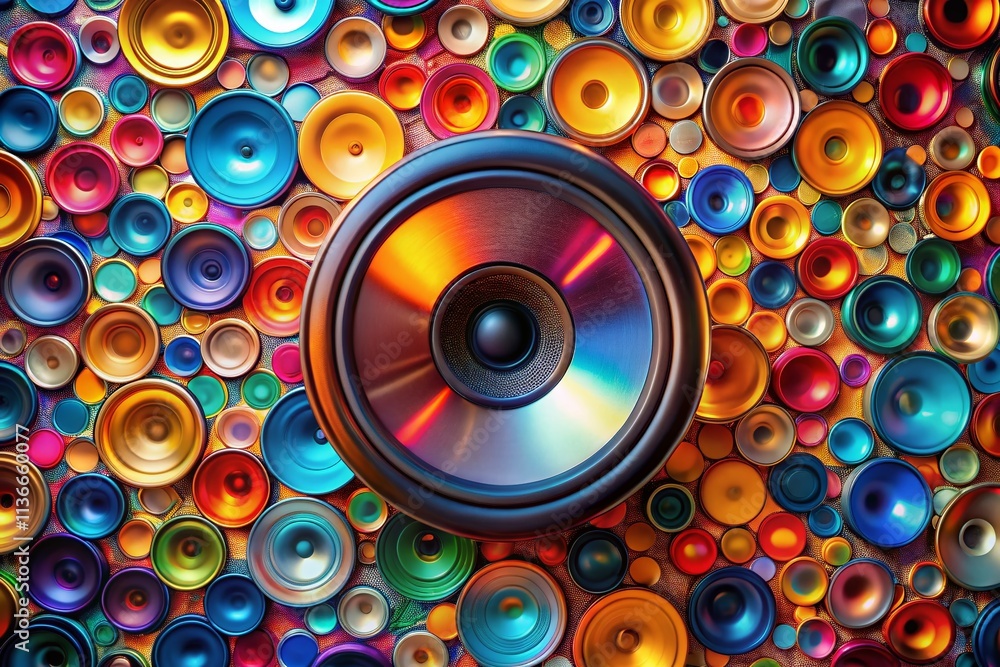 Poster vibrant abstract representation of a sound speaker featuring fragmented circular discs in a colorful