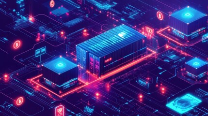 Futuristic digital network with glowing data servers and interconnected circuits.