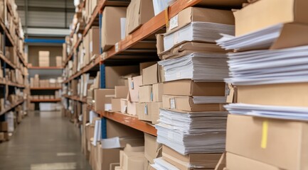 Obraz premium Stacks of Cardboard Boxes and Paper Files in a Warehouse Aisle Organized on Shelves for Efficient Storage and Easy Access to Office Supplies and Documents