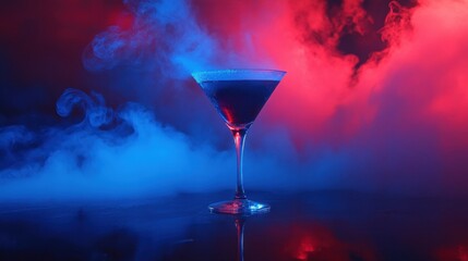 Elegant cocktail glass with swirling dry ice fog, luxury drink concept, vivid color accents, smooth reflective surface, cinematic lighting, hyper-detailed vapor movement, high-end aesthetic