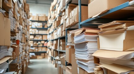 Obraz premium Stacked Cardboard Boxes and Piled Papers in a Warehouse Storage Space, Organized Shelves Filled with Documented Files, Industrial Archive Environment