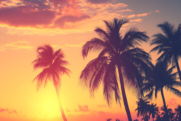Beautiful tropical sunset with palm trees silhouetted against an orange and pink sky, creating a relaxing beach vibe perfect for vacation, summer, travel, and nature lovers