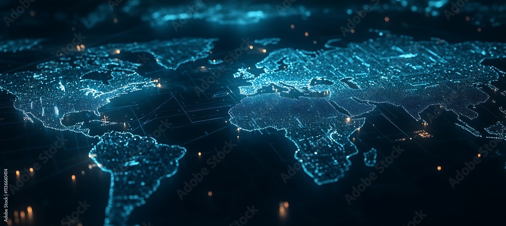 Poster a futuristic image of a digital map with glowing nodes representing business locations around the wo