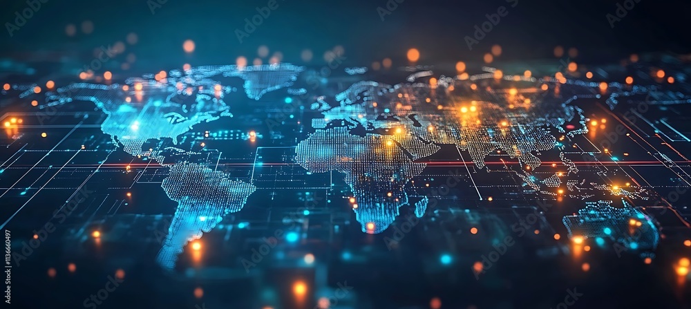 Poster a futuristic image of a digital map with glowing nodes representing business locations around the wo