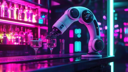 A futuristic bartender robot crafting cocktails in a neon-lit sci-fi bar