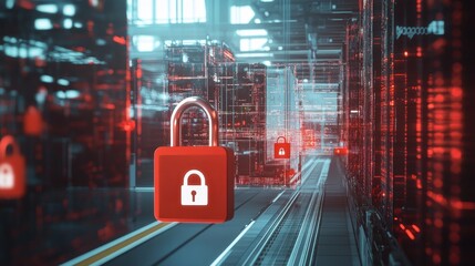 Futuristic digital security concept featuring locked data and vibrant red visuals.