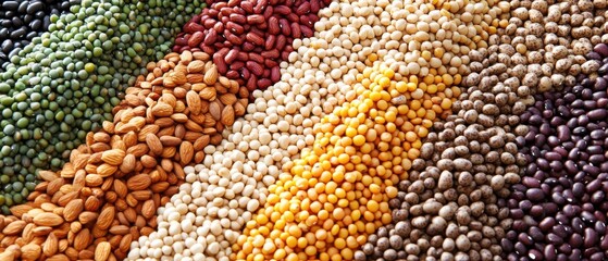 Top-down view of whole foods featuring fresh produce, grains, nuts, and legumes, symbolizing a balanced diet and clean eating lifestyle