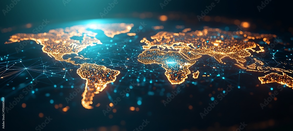 Poster a futuristic image of a digital map with glowing nodes representing business locations around the wo