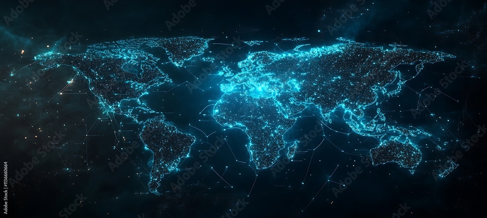 Poster a futuristic image of a digital map with glowing nodes representing business locations around the wo