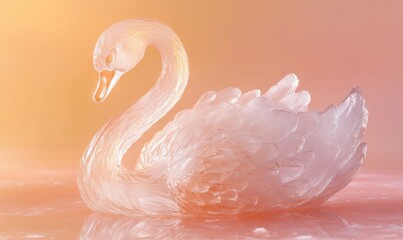 A swan made of ice is sitting on a pink surface