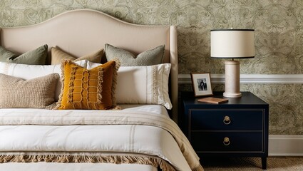 stylish and cozy bedroom setting. The layout features a neatly made bed with a beige upholstered headboard, adorned with a variety of pillows in different textures and patterns, including a prominent 