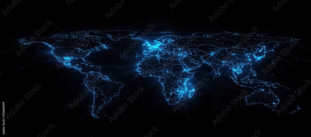 Poster a digital representation of a world map illuminated by blue lights, symbolizing connectivity and dat