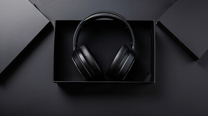 Black Headphones in Elegant Black Box on Dark Surface