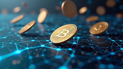 Bitcoin cryptocurrency coins floating on digital blockchain network, futuristic finance and technology concept