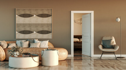 Large luxury modern bright interiors Living room mockup illustration 3D rendering image