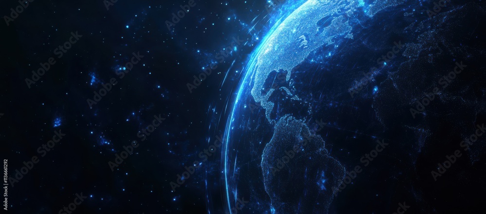 Poster a glowing, digital representation of earth in space, surrounded by shimmering particles and a deep b