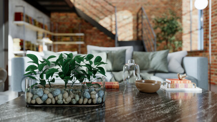 Large luxury modern bright interiors Living room mockup illustration 3D rendering image