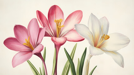 Fototapeta premium Extreme close-up of spring crocus, rosepink zephyr lily, zephyranthes minuta, and amaryllis minuta flowers. Zephyrine. Illustration