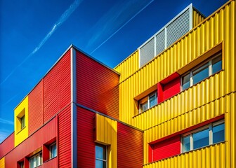 Fototapeta premium Vibrant Architectural Design: Colorful Building Facade with Yellow and Red Panels Beneath a Bright Blue Sky Capturing Urban Aesthetics and Modern Aesthetic Trends