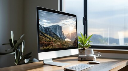 Fototapeta premium Modern workspace with computer and mountain landscape on screen