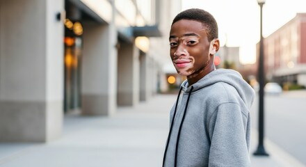 Fototapeta premium Young african male with vitiligo smiling in urban setting for personal confidence and diversity theme