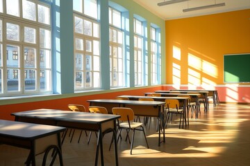 Spacious, empty classroom featuring neatly arranged desks and chairs, sunlight streaming through large windows, creating a bright and inviting learning environment with vibrant wall colors.