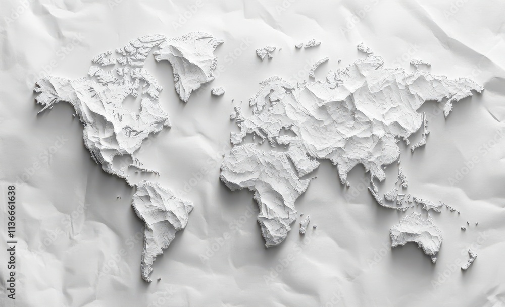 Poster a textured white map of the world, emphasizing geographic features with a minimalist design against 