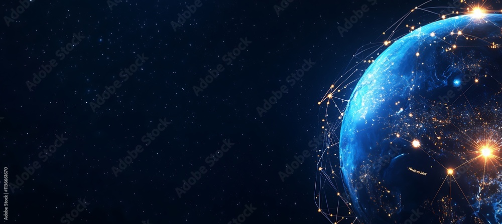 Poster a futuristic image of a digital globe with interconnected business hubs, set against a dark backgrou