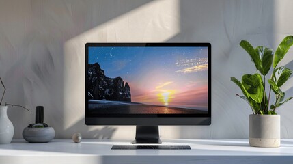 Fototapeta premium Modern Workspace with Computer Displaying Sunset Scenery