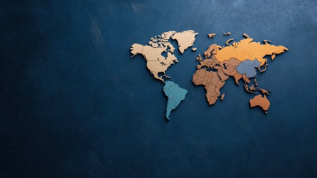 A textured world map in warm tones on a dark blue background, ideal for travel blogs, educational materials, or global business presentations to illustrate geographic concepts,