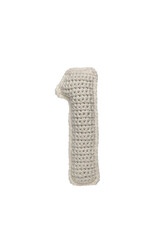 A crocheted number one in white yarn, isolated on a white background.