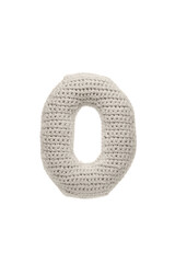 A crocheted number zero in light grey, isolated on a white background