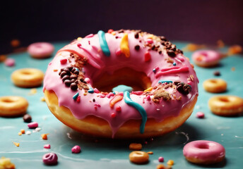 A donut with pink icing and sprinkles on it.