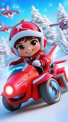 A cheerful child in a festive outfit rides a red vehicle through a snowy landscape.